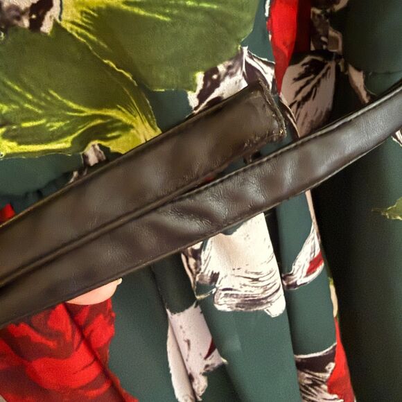 eShakti Green Floral Fit & Flare Dress Ruffle Faux Leather Belt 1X Dark Romantic - Picture 6 of 16